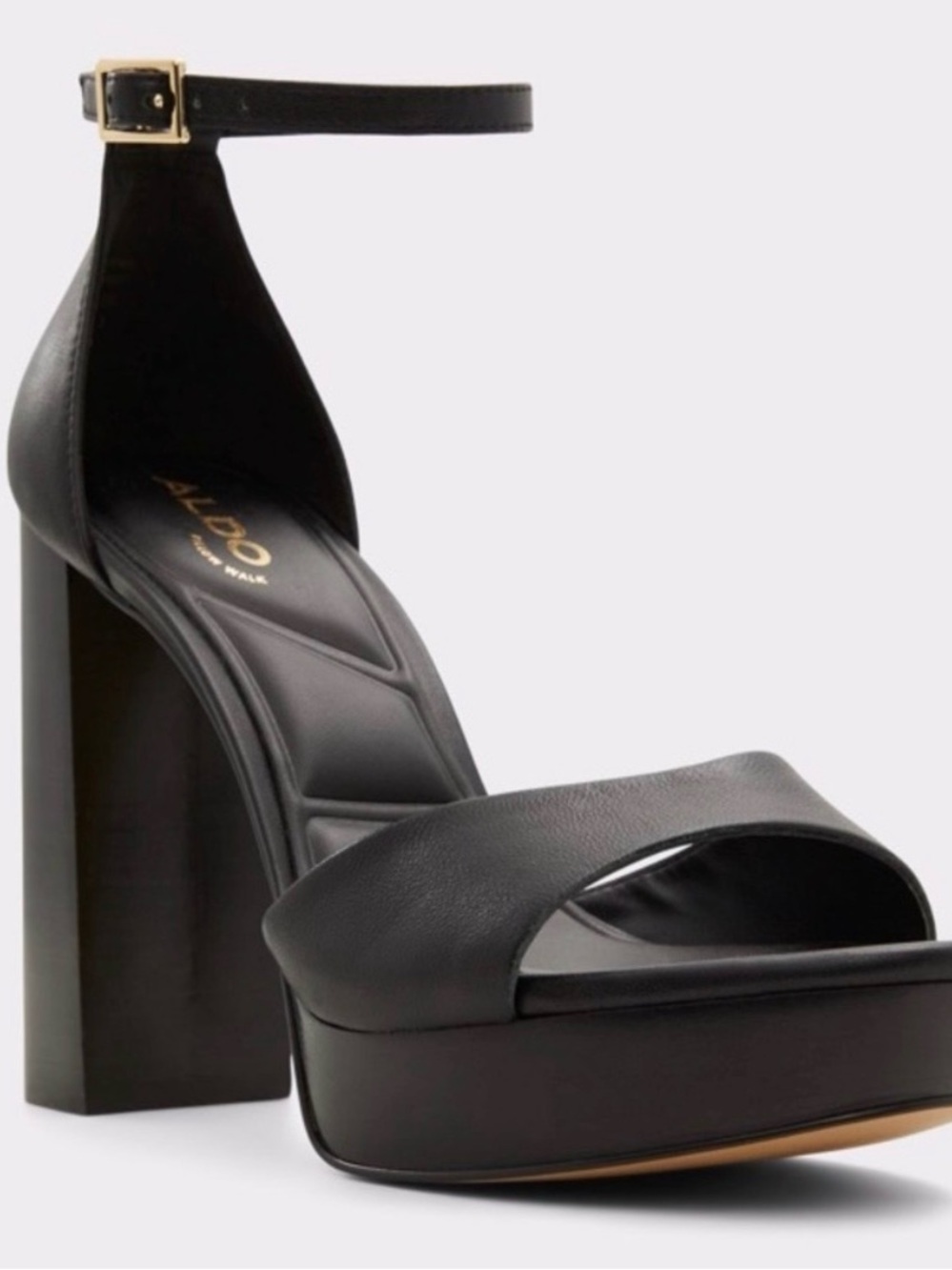 ALDO Black Platform Ankle-Strap Block Heel Sandal with Gold Buckle